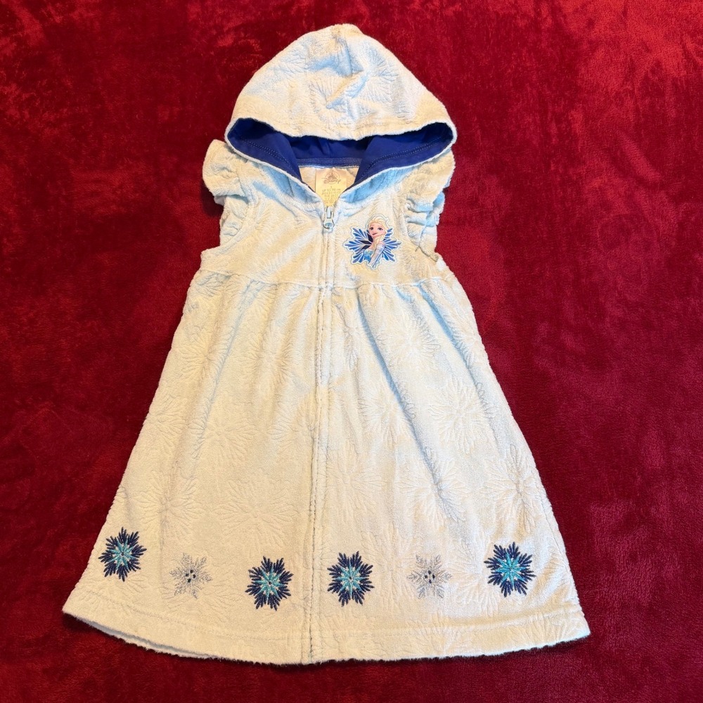 Disney Frozen Elsa Girls Light Blue Hooded Terry Cloth Swim Cover Up Dress SZ 3